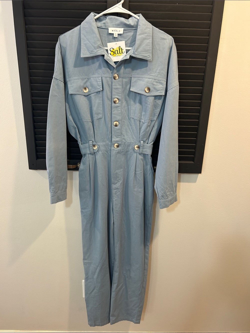MARBLE Pale Blue Button-Front Utility Jumpsuit
